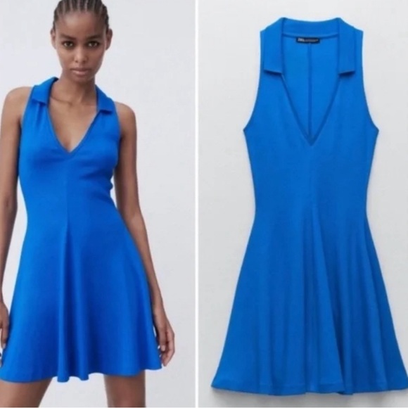 Zara Dresses & Skirts - Zara Blue Lapel Collared Sleeveless Ribbed Skater Knit Mini Dress